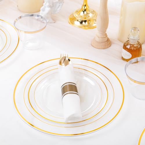WELLIFE 350PCS Clear-Gold Plastic Plates - 100 Disposable Plates, 150Plastic Silverware, 50 Cups, 50 Napkins for Wedding & Party - color: Clear and Gold, style: 350PCS(50 Guests)