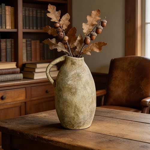 Rustic Ceramic Vase with Handle, 10.3 Inch, Handmade Decor, Beige - color: Beige