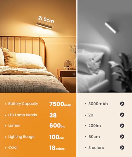 PopoIron Rechargeable LED Wall Sconces 7500mAh Battery Operated Wall Lamps for Bedroom, Touch and Remote Control, 3 Colors Wall Lights 360° Rotate Dimmable Brightness with 15 RGB Colors,Black 4 Pack - color: Black-4P