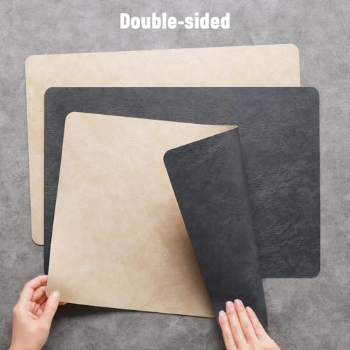 Vinyl Placemats Set of 6, Dual Sided Place Mats with Drink Coasters - color: Beige/Dark Gray Two-tone, size: Set of 6