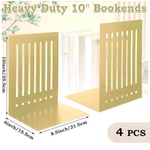 4 Pcs 10 Inch Heavy Duty Bookends Non-Skid Base, Gold - color: Gold, size: 10 Inch
