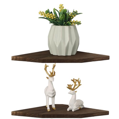 Joiishom Wood Corner Wall Shelves Set of 2, Solid Wood Corner Floating Shelves, Round End Wall Mounted Floating Corner Shelf for Bedroom, Living Room and Kitchen. (Brown-12 inch) - size: Brown-12 inch