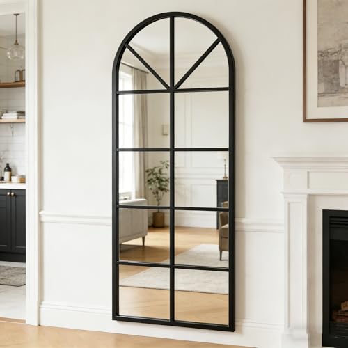56×22" Arched Window Finished Full Length Mirror, Wall Mirror with Metal Frame, Home Decor Windowpane Mirror, Wall Mounted or Leaning, No Stand - Black - color: Window Mirror-black, size: 56"L x 22"W