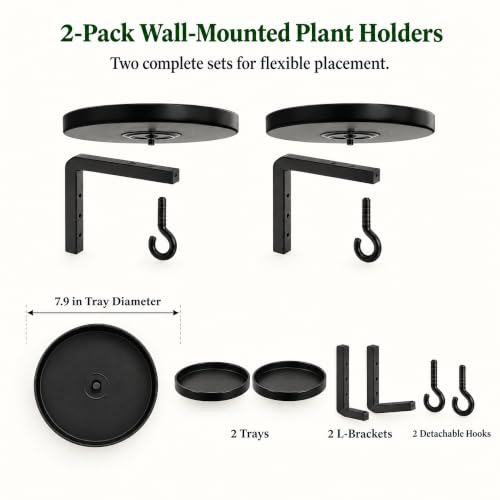Wall Plant Holder Set of 2, Dual-Way Reversible Bracket for Extra Growth Space, Detachable Hooks, Metal Floating Flower Display Stand for Indoor Outdoor, Space Saving & Easy Assemble, Black - size: 2 Pack - 2-Way Wall Mount