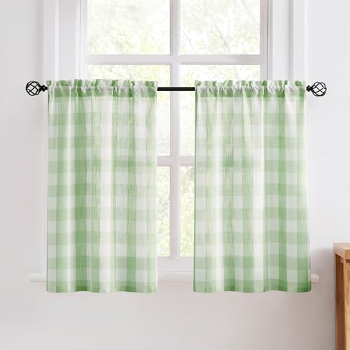 Plaid Kitchen Curtains 27x24 Green White Check Tiers for Kitchen Semi Sheer - color: Light Green and White, size: 24"W x 24"L (Pack of 2)