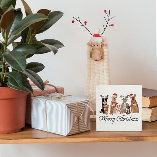 Merry Christmas Dog Wooden Box Sign Desk Decor, Dog Lover Mom Dad Gifts, Christmas Holiday Puppy Wood Block Sign for Home Office Desk Table Shelf Wall Decorations, 5x5 Inch - color: Dog