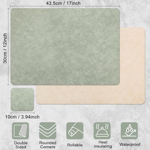 Vinyl Placemats Set of 4, Dual Sided Place Mats with Drink Coasters - color: Beige/Sage Green Two-tone, size: Set of 4