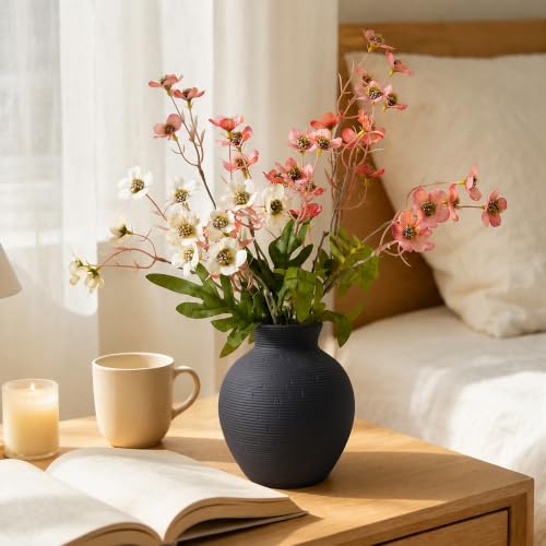 Ceramic Flower Vase Home Decor, 6 in Farmhouse Table Black Vases Rustic Vintage Living Room Kitchen Bedroom Decorations Pottery Decorative Vase for House Book Shelf Office Coffee Desk Dining Fireplace - color: 6 in - Black