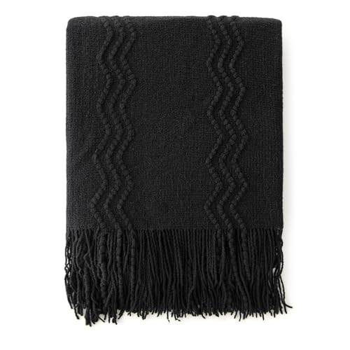 MIULEE Black Knitted Boho Throw Blanket for Couch 50"x60" - color: Black, size: 50" x 60"