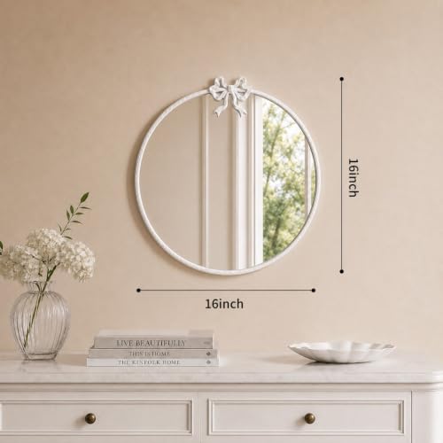 16 Inch White Circle Mirror Round Wall Mirror Vintage Bow Mirror Decor