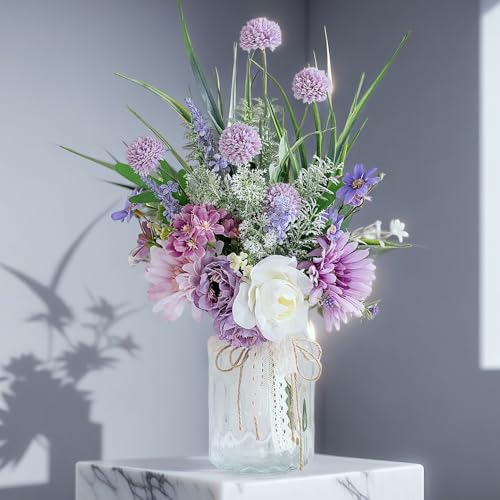 Artificial Faux Flowers in Vase-Fake Purple Transvaal Daisy and Dandelion - color: Purple & White
