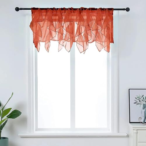 PearAge Ruffled Voile Semi Sheer Curtain Valance, Living Room Kitchen Shabby Chic Ruffle Valance Curtains, Cascade Window Valance Great for Girls Daughters Bedroom 50x16 Inches (Red) - color: Red