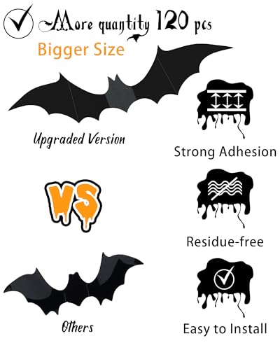 120 Pcs 3D Halloween Decorations Bats Decor,5 Sizes Bats Wall Decor Indoor - style: 120 pcs