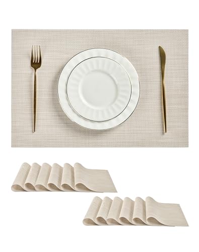 Beige White Placemats Set of 12 - Heat Resistant Non-Slip Place mats for Dining Table, Washable Durable PVC Vinyl Woven Table Mats(Beige White, 12) - color: C1- Beige White, size: Set of 12