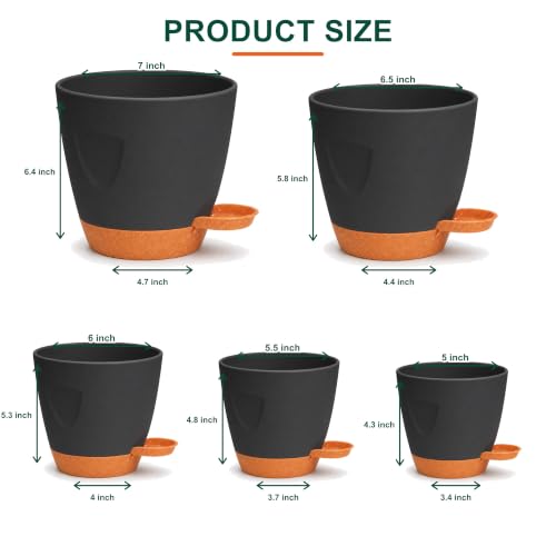 Self Watering Planter Pots for Plants, 5-Pack 7/6.5/6/5.5/5 in - color: Black