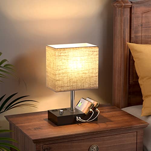 Beige Table Lamp for Bedroom - Stepless Dimmable, USB C+A, 2 AC Outlets - color: Beige with Knob Switch, size: 1 Pack