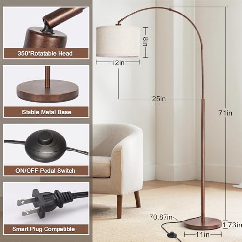 Floor Lamp for Living Room, Vintage Arc Floor Lamp with Adjustable Lamp Head, Tall Pole Lamp with On/Off Pedal Switch, Over Couch Arched Reading Light for Bedroom, Office, Study Room (Antique Bronze) - color: Antique Bronze
