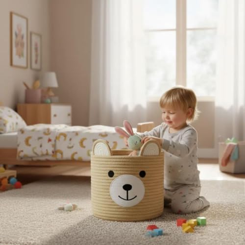 Bear Laundry Baskets Laundry Hamper Storage Baskets with Handles,Decorative Basket for Living room,Woven Storage Basket for Toys Bin Pillows Blankets Clothes (Khaki - Version 2) - color: Khaki - Version 2