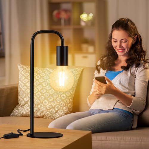Industrial Table Lamp for Bedroom, Small Table Lamps for Bedside with Wire Switch, E26 Socket Base, Modern Nightstand Lamp for Living Room, Reading, Office, Bulb Not Included. - color: Black