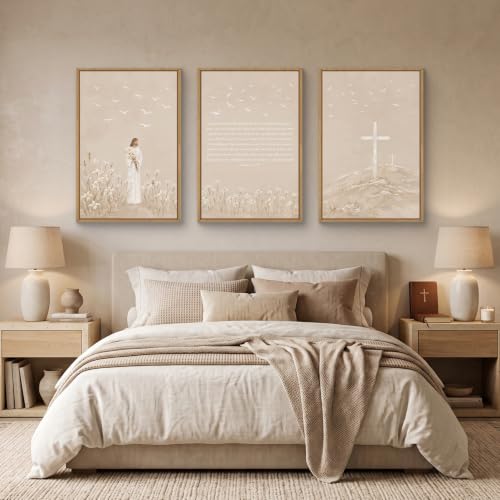 Christian Jesus Bible Verse Framed Canvas Wall Art Set-24"x36"x3 - color: Neutral Jesus Bible Verse Wall Art, size: 24"L x 36"W