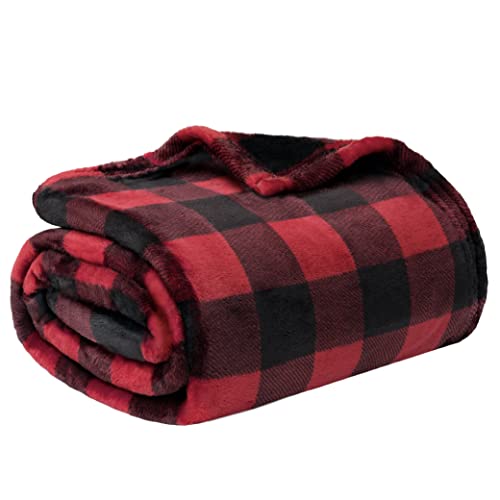 PAVILIA Black and Red Buffalo Plaid Fleece Bed Blanket King Size, Soft Checkered Flannel Blanket for Sofa, Plaid Christmas Couch Throw Bed, Warm Cozy Decorative Blanket Fall Decor Gift, 90x108 - color: Plaid Red/Black, size: 90 x 108 Inches - King