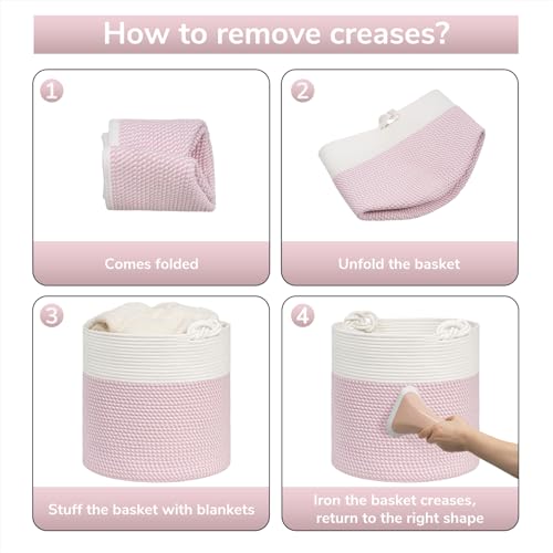 Goodpick Woven Rope Blanket Basket Living Room, 40L, Pink - color: Pink, size: 15 × 14.2 inches