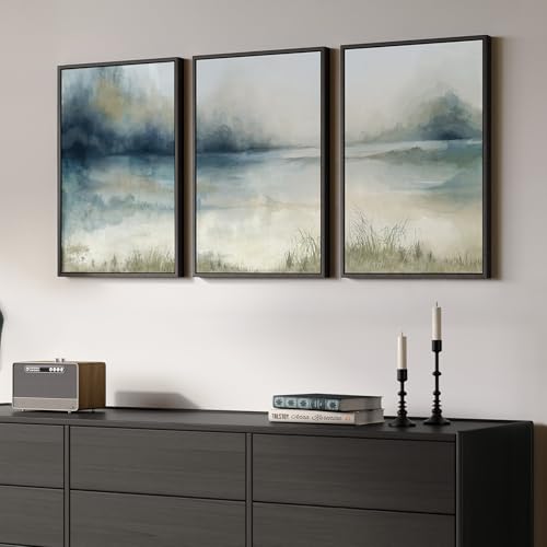 Framed Watercolor Abstract Landscape Wall Art, 3 Piece Set, Each 16x24 In - color: Misty Lake, size: 16" W x 24" H x 3pcs