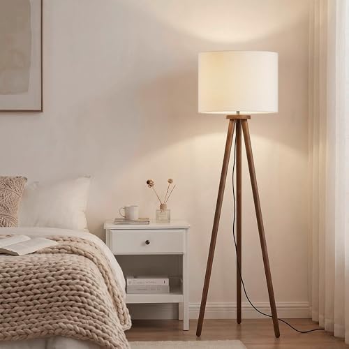 Buruis 60.6 Inch Walnut Wood Tripod Floor Lamp with Linen Drum Shade, Cream - color: Cream