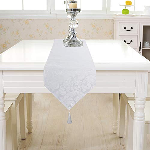 EHouseHome Jacquard Damask Reversible White Table Runners with Tassels 13 x 72 inch Wrinkle and Water Resistant Spill-Proof Decorative Dining and Wedding Runners - color: White With Tassels