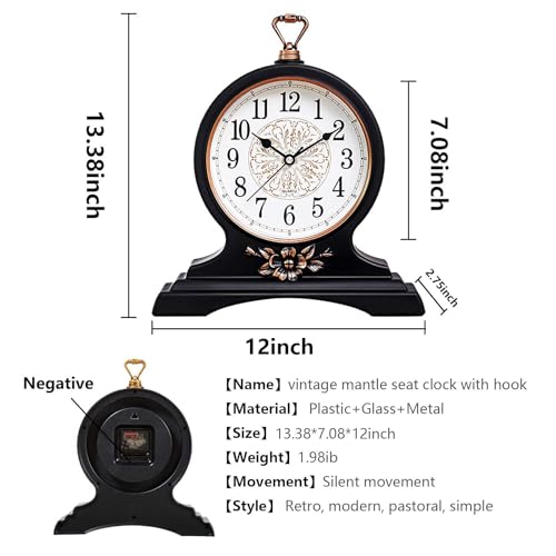 Desk Clock for Mantel Table Decor,Silent Battery Operated for Fireplace 12" - color: Second Black