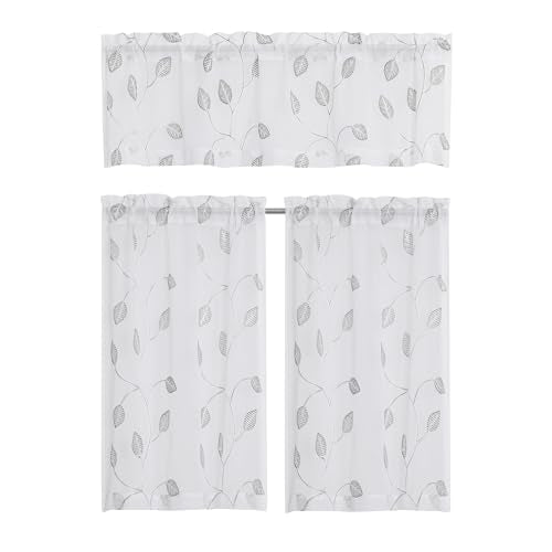 Regal Home Collections Embroidered Kitchen Tiers & Window Valance Curtains - 54"x36" Light Filtering Rod Pocket Cafe Tier, Curtain Valances for Windows, Florence White/Grey - color: Florence/Gray