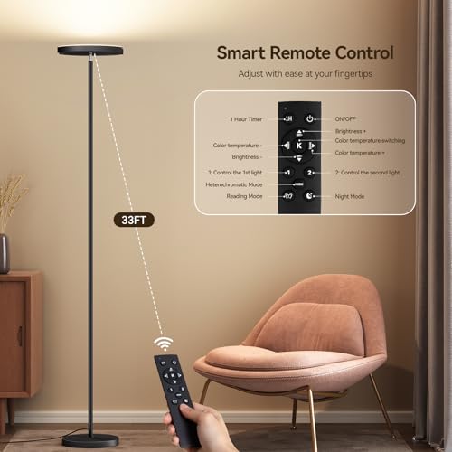 SUNMORY Floor Lamp for Living Room, 28W Bright LED Lamp with Remote Control - color: Black