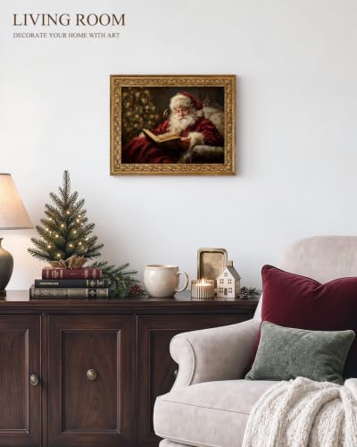 VIYYIEA Gold Framed Canvas Wall Art, Santa Reading Book Art, 11x14 Inch - color: Santa Reading