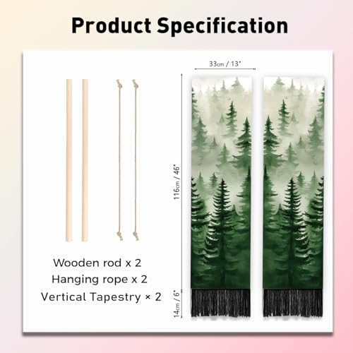 PLIGREAT 2 Pack Fog Forest Wall Tapestry, Green Tree Wall Hanging with Tassels Mountain Landscape Aesthetic Vertical Tapestry for Bedroom Living Room Home Decorations, 52 x 13 Inch - color: green,white