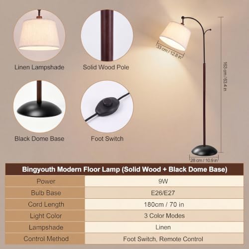 Floor Lamp, 9W LED Arch Floor Lamp - Solid Wood with Black Base - color: Solid Wood + Black Base