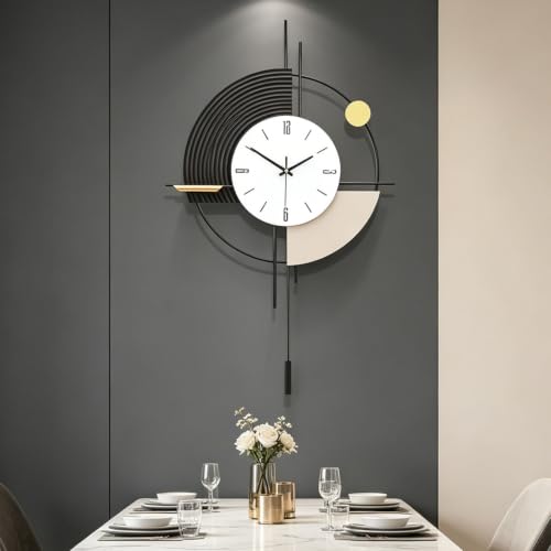 Large Black Modern Wall Clock with Pendulum Silent Battery Operated | MDF&metal material, quartz movement (<20dB), large black Arabic numerals, easy mount. Ideal for living room kitchen bedroom - size: 17.7x31in