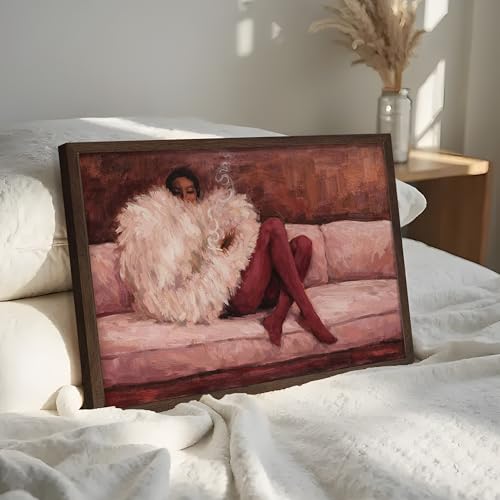 Vintage Framed Impressionist Wall Art, Elegant Woman Lounging on Sofa Canvas Print, Moody Victorian African Women Artwork, Modern Fashion Wall Decor for Living Room Bedroom Office 12x16in - color: Cool Girl, size: 16"L x 12"W