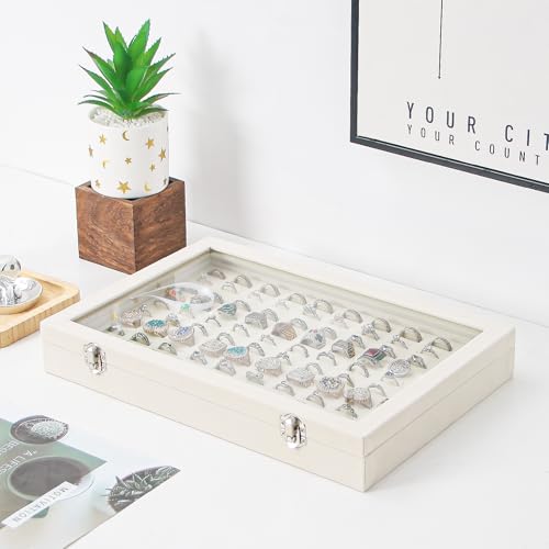 Coward Ring Organizer Jewelry Box, Beige Velvet 100 Slots Ring Display Tray Case with Transparent Glass Lid for Home Use or Store Selling Show - color: Beige Velvet, size: Ring Box