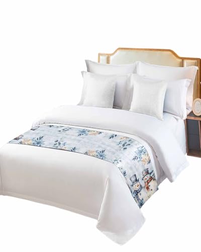 DecorLovee Blue Snowman Christmas Bed Runners for King Size Bed, Xmas Botanical Decorative Bed Throws for Foot of Bed, Snowflake Vintage Bed Runner Throw Bedding Scarf Protector Slipcover for Bedroom - color: Blue Snowman, size: 94"x20" for King Bed