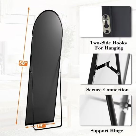 Black Arched Full Length Mirror, Modern Shatterproof Aluminum Alloy Body Floor , 3 Ways To Use Freestanding Leaning Wall Mount Vanity For Bedroom Living Room Entryway Home Decor(ARCHED_58"X19")