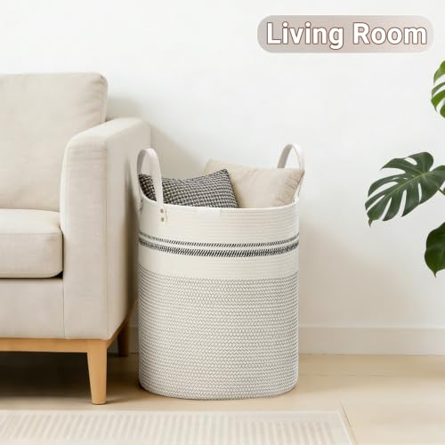VIPOSCO 58L Tall Woven Rope Laundry Hamper, Leather Handles, Stripe White - color: Stripe White, size: 58L
