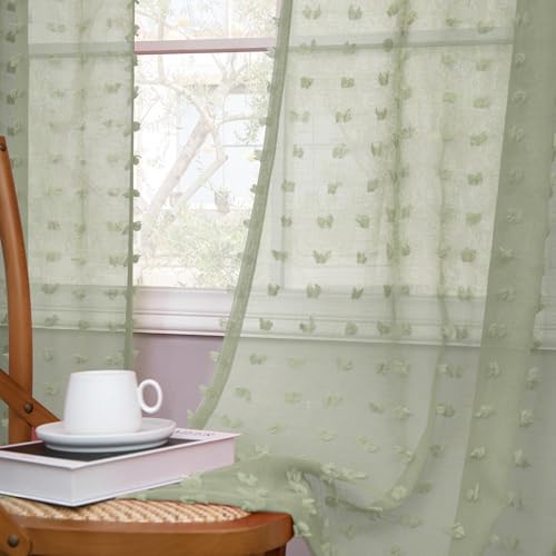 DANCURTON Boho Pom Pom Sheer Curtains 2 Panels 63 Inch Length Back Tab Sage Green Sheer Window Curtain Shabby Chic Green Spring Farmhouse Style Elegant Drapes for Nursery Kids Room Bedroom Living Room - color: Sage Green, size: 52"W x 63"L (Pack of 2)