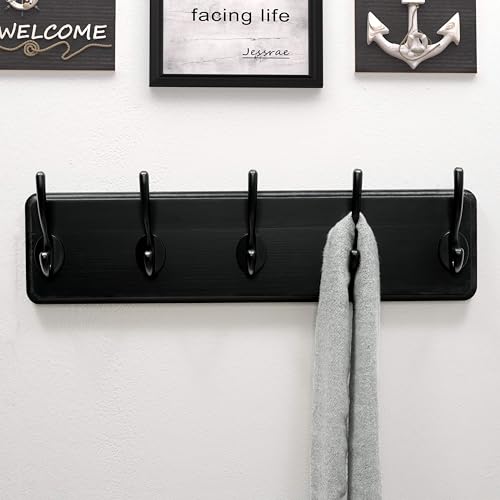Dseap Coat Rack Wall Mount: Modern, Patented, Heavy-Duty, 17.4" Long 5-Double-Hooks Wooden Hanger Hook Rail for Winter Coats Hat Jacket Clothing, Black - color: Black, size: L=17.4" (1pcs)