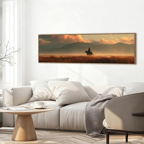 Large Cowboy Wall Art Framed Vintage Western Wall Decor Nature Mountain Canvas Picture Office Home Decor Sunset Forest Scenery Painting Countryside Riding Horse Artwork Living Room Decorations 14x48” - color: Cowboy