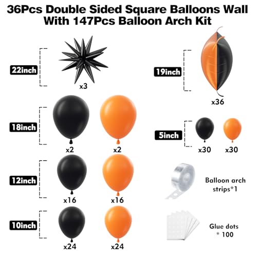 36pcs Black and Orang Square Foil Balloons Wall Backdrop with 147pcs Balloon Garland Arch Kit, Double Sided Balloons for Halloween Graduation Birthday Anniversary Baby Shower Party Decorations - color: Black and Orange