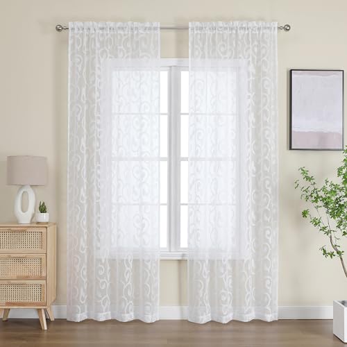 OWENIE Furman Sheer White Curtains 84 inches Long for Bedroom Living Room 2 Panels Set, White Curtains Jacquard Clip Light Filtering Semi Sheer Curtain Rod Pocket Window Drapes, 2 Pcs Each 40 W 84 L - color: White, size: 40"W x 84"L (Pack of 2)