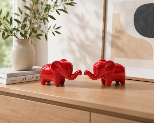 4 Inch Red Ceramic Elephant Figurines Set of 2 - color: Red