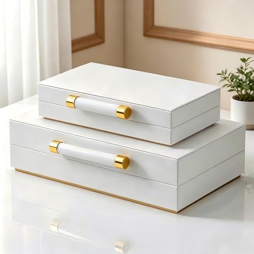Decorative Storage Boxes with Lids for Home Decor Set of 2 - Large White PU Leather Memory Box for Keepsakes, 8 Necklace Hooks & Elastic Pocket, Floating Base with Gold Handles, Photo & Modern Jewelry