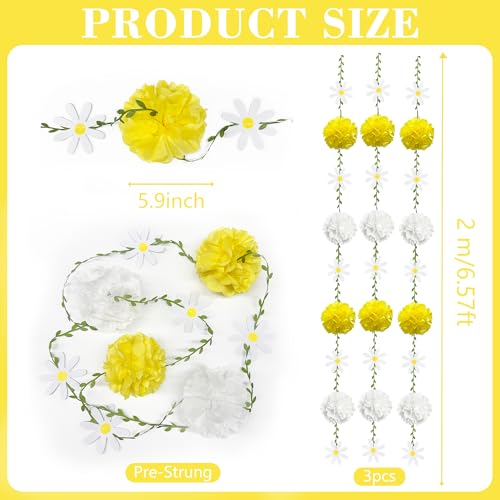 Daisy Party Decorations Yellow White Tissue Flowers Pom Pom Daisy Hanging Leaf Garland Streamer Banner for Spring Summer Themed Birthday Wedding Shower Tea Party Supplies Home Garden Decor - color: Yellow White Daisy