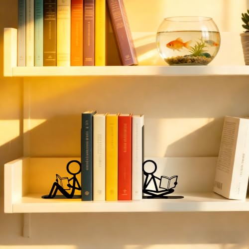 2 Pcs Metal Bookends and Heart Bookmark,Book Ends for Book Shelf,Two Reader - color: Black Siting Reader